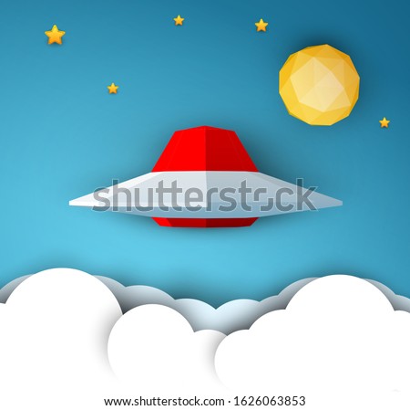 Red ufo spaceship fly over clouds with star and planet. Science concept inspiration. Paper art cartoon 3d realistic trendy craft style. Modern origami design template. Funny cute vector illustration.