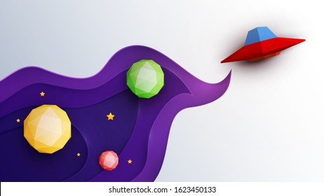 Red ufo spaceship fly in space with star and planet. Science concept inspiration. Paper art cartoon 3d realistic trendy craft style. Modern origami design template. Funny cute vector illustration.