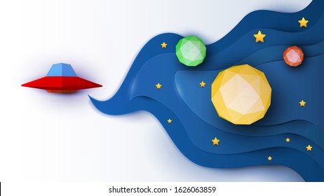 Red ufo spaceship fly in space with star and planet. Science concept inspiration. Paper art cartoon 3d realistic trendy craft style. Modern origami design template. Funny cute vector illustration.