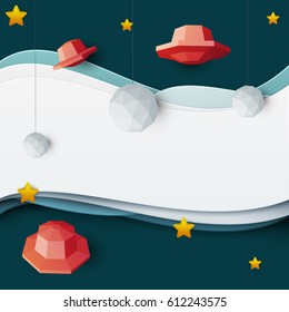 Red ufo spaceship fly in space with milky way. Science concept inspiration. Paper art cartoon realistic trendy craft style. Modern origami design template. Funny cute childrens vector illustration.