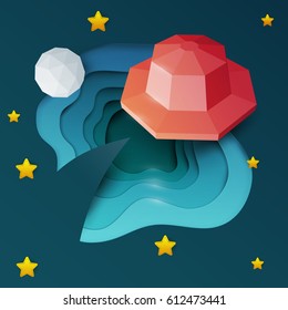 Red ufo spaceship flying in space. Science concept inspiration. Paper art cartoon realistic trendy craft style. Modern origami design template. Funny cute childrens vector illustration.