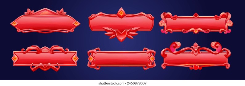 Red ui button frame for fantasy game banner vector. Medieval title bar element set. Play interface with metal border for rpg or casino app. Decorative ornate glossy menu panel or badge collection