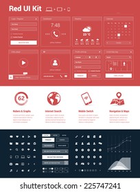 Red UI Kit for designing responsive websites, mobile apps & user interfaces in flat design style on red background with white graphic elements