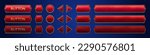 Red ui vector button animation for game interface cartoon set. Hover banner gold frame design isolated on dark background. Arrow, circle and signboard label for player menu. Log bar click collection