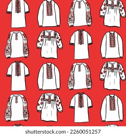 Red Ukraine Embroidery Shirt Seamless Pattern. Vector Illustration of Sketch Doodle Hand drawn Ukrainian Cultural Clothes. svg