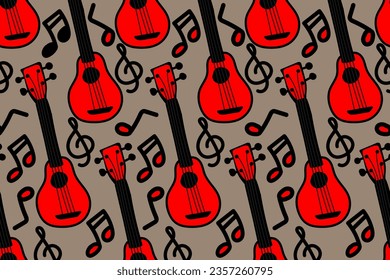 Red ukulele, guitar. Music, notes, song, art. Bright colors. 
Trendy, stylish, fashionable, seamless vector pattern for design and decoration.
