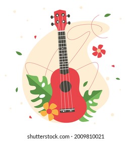 Red Ukulele with leafs and flowers. Vector illustration.