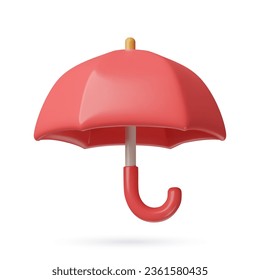 Red umbrella 3d icon. Protection and safety concept. Toy plastic minimal three dimensional vector object isolated on white.