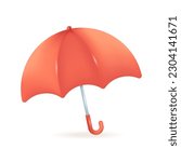 Red umbrella 3d vector illustration. Colorful accessory for rainy weather on weekend in cartoon style isolated on white background. Weather forecast, meteorology concept
