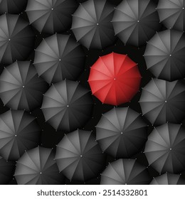 Red umbrella among many black umbrellas. Top view. Stock vector illustration