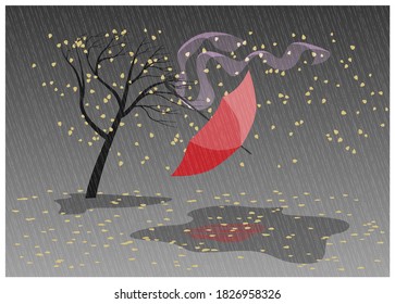 Paraguas rojos en la lluvia de otoño. Ilustración del vector