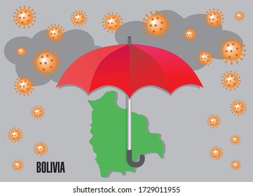 Red umbrella, Bolivia map and rand with Corona virus. Vector illustration.