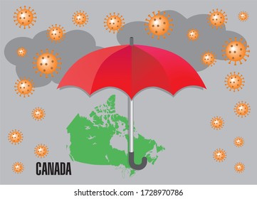 Red umbrella, Canada map, Corona rain, vector illustration.