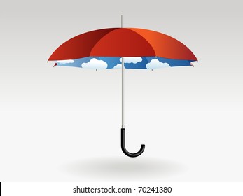 Red umbrella with clouds and blue sky inside on a grey background