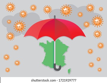 Paraguas rojo con lluvia de Corona, Mapa de Francia.
