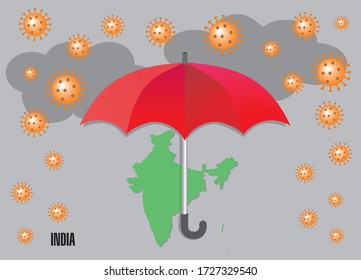 Red umbrella, Corona virus rain and India map. Vector illustration.