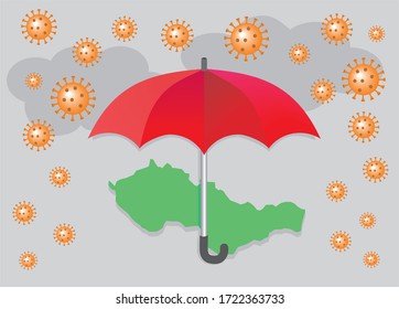 Paraguas rojos y mapa de Checoslovaquia, lluvia de Corona. Ilustración vectorial.