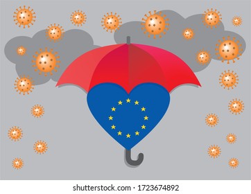Red umbrella and EU symbol with correct colors from flag. Corona rain. Vector illustration.