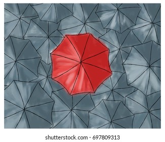 Red umbrella in gray umbrellas in the rain. Conceptual watercolor illustration.