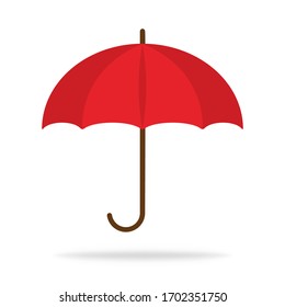 Red umbrella icon in flat design. Protection from water and drops in autumn. Weather parasol in rainy day. Isolated fashion accessory. Vector EPS 10