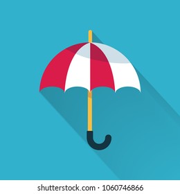 Red umbrella icon. Red umbrella isolated on green background with long shadow.