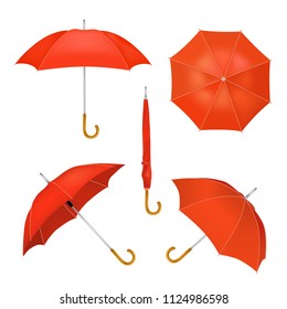 Red umbrella icon set. Vector realistic illustration of folded and opened parasol isolated on white background.