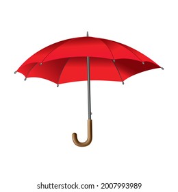 Guarda-chuva vermelho. Isolado no fundo branco. Parasol aberto. Proteção manual contra chuva ou quebra-vento