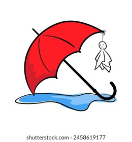 Red umbrella and japanese Teru Teru Bozu doll with puddle in hand-drawn style, concept about a rainy season. Isolated vector illustration for print, digital and more design.