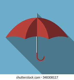 Red umbrella with long shadow on blue background, flat style. EPS 8 vector illustration, no transparency