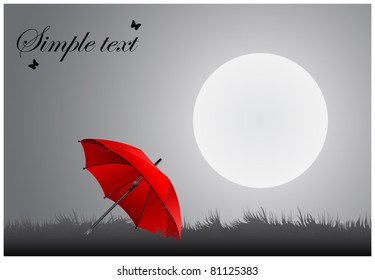 Red umbrella lying on the grass under a full moon shining