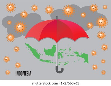 Red umbrella, map Indonesia, Corona virus rain. Vector illustration. EPS10.