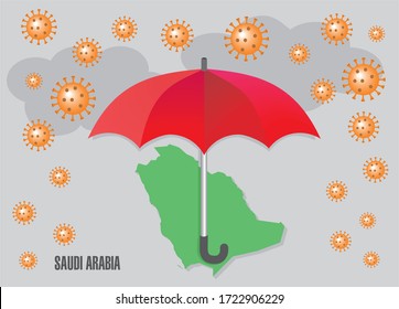Paraguas rojos y mapa de Arabia Saudita. Ilustración vectorial.