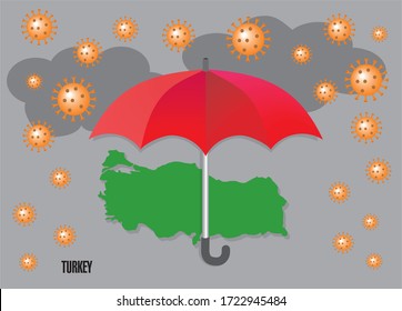 Red umbrella and map Turkey. Corona rain.