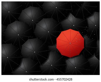red umbrella over mass of black umbrellas in the rain / Vector illustration
