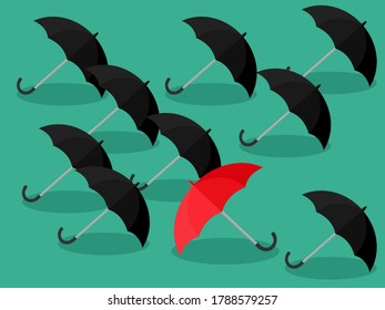 The red umbrella is placed in a black umbrella group. The concept of difference and distinctive