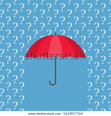 Red umbrella protecting from rain of white question marks. Concept of ignoring problems, confusion, indecision and uncertainty. Difficult questions and answers