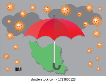 Red umbrella protects against Corona rain. Iran map. Vector illustration.