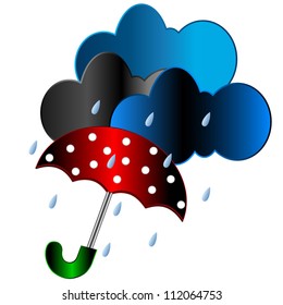 Red umbrella with rain clouds and drops. Vector illustration