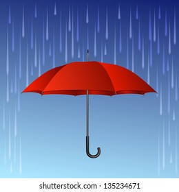 Red umbrella and rain drops. Vector illustration