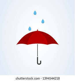 Red umbrella with rain flat style. Vector illustration icon isolated on white background. 