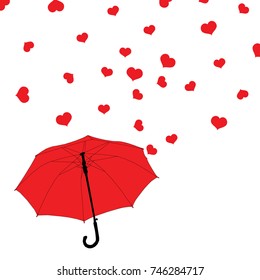 Red umbrella and rain of hearts on Valentine's Day, isolated on white background, vector, eps 10