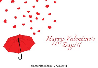 Red umbrella and rain of red hearts on white background. Happy Valentine's Day postcard, vector, eps 10
