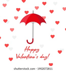 Red umbrella in the rain of red and pink hearts on a white background with the inscription. Vector illustration for valentine's day