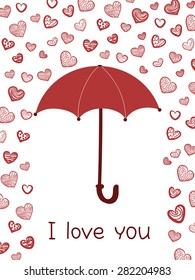 Red umbrella. Rain in shape of hearts. Love card. Vector illustration.