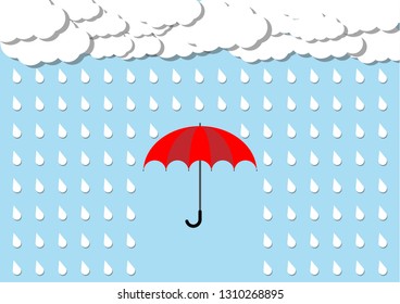 Red umbrella with rain. Vector illustration.