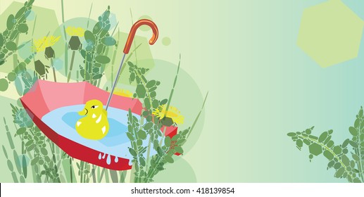 Red umbrella with rain water, duck toy and dandelions composition with copy space