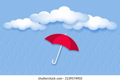 Red umbrella, rain and white clouds. Paper cut out style and effect of embossed raindrops