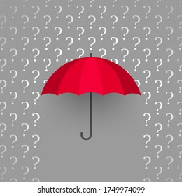 Roter Regenschirm und weißer Fragezeichen. Konzept, Probleme zu ignorieren, Widerwillen, Probleme zu lösen, introvertierte Lifestyle. Schwierige Fragen und keine Antworten