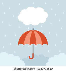 Red umbrella with raindrops on cloud background