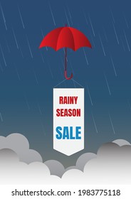 Red umbrella with rainy season sale sign floating above the clouds And the falling rain